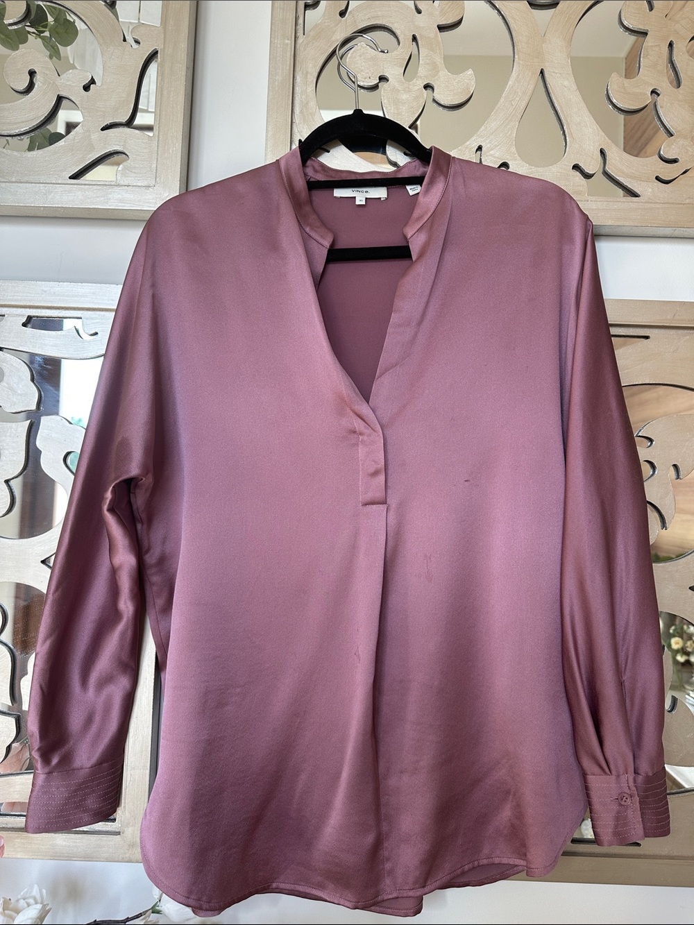 Vince Dusty Rose Satin V-Neck Blouse